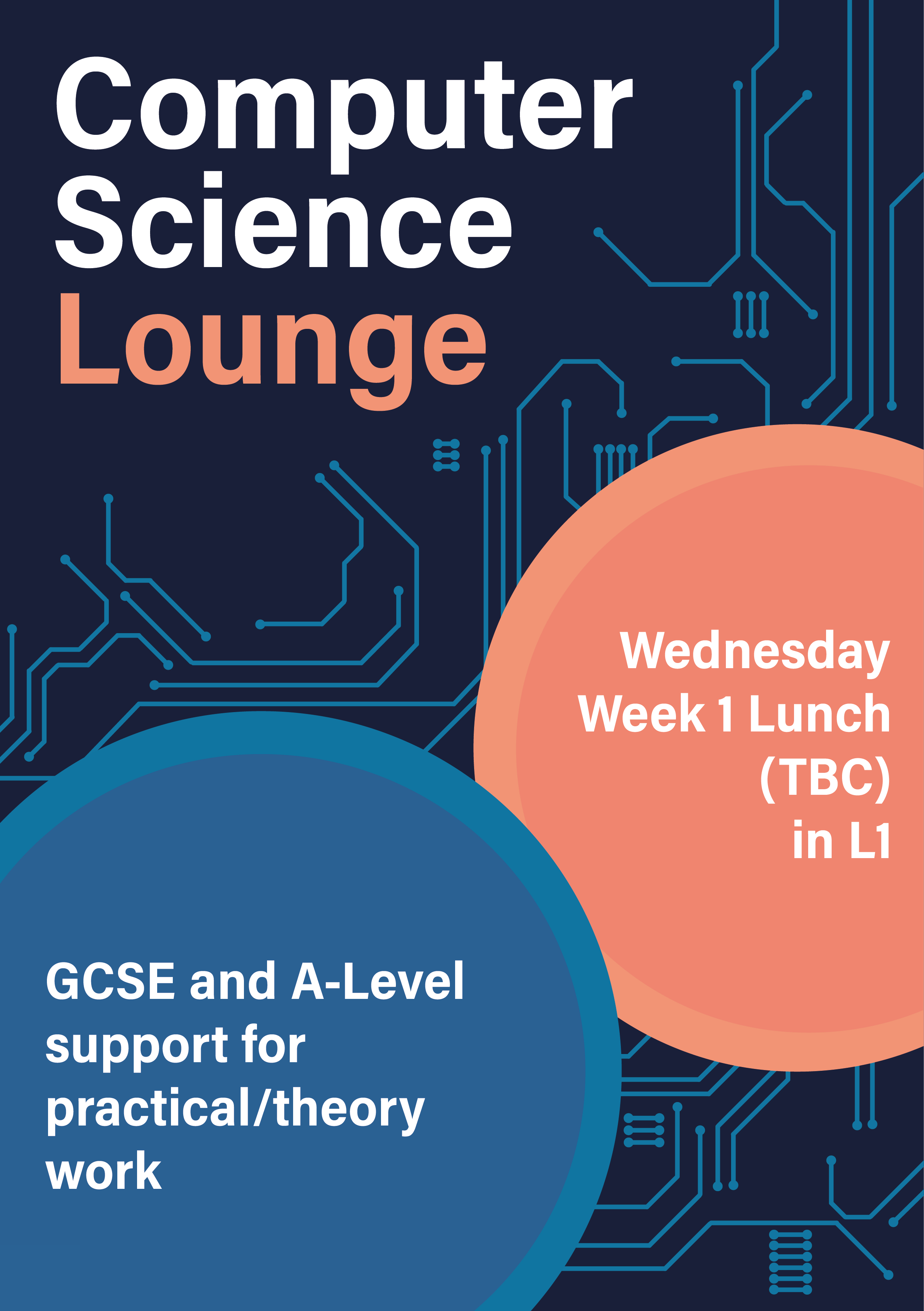 A poster advertising a Computer Science Lounge with text in blue and orange circles